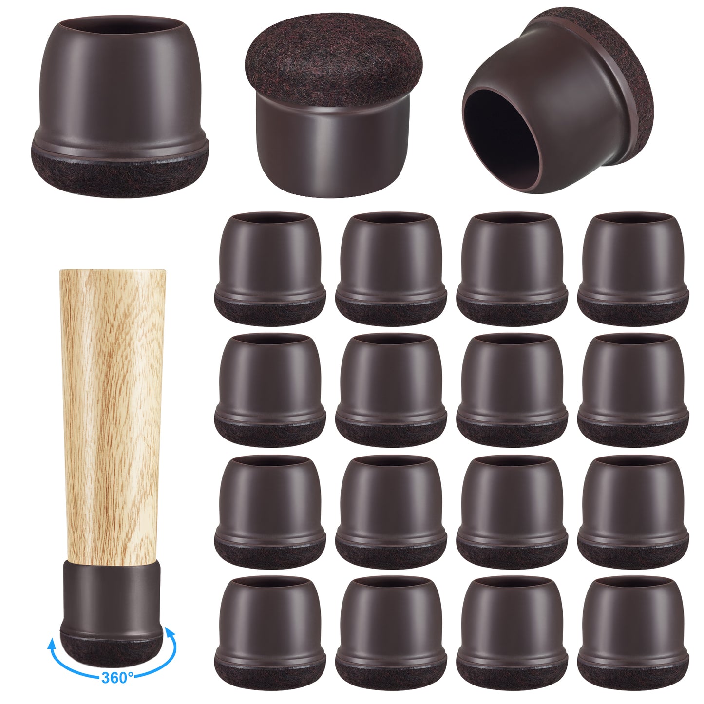 16 Pack Chair Leg Floor Protectors for Hardwood Floors, Round Rubber Furniture Sliders, 360°Felt Pad Bottom Wrapped Thickening Silicone Furniture Legs Caps Covers